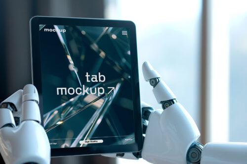 Free Download iPad photoshop mockup in robot hand-