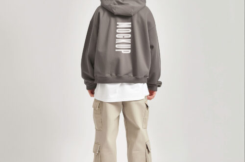 Back view hoodie mockup with white text