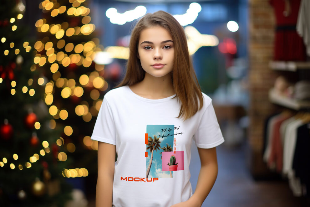 Girl wearing t-shirt mockup against christmas tree-